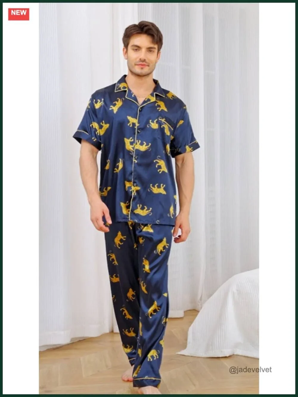 Men's 2-Piece Geo Print Satin Pajama Set Short Sleeve Button Down Sleepshirt